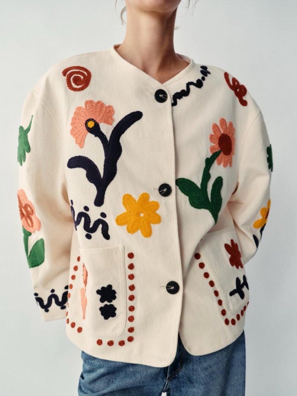 Zara Floral Embroidered Cotton Jacket Cream Multicolor Oversized NWT XS